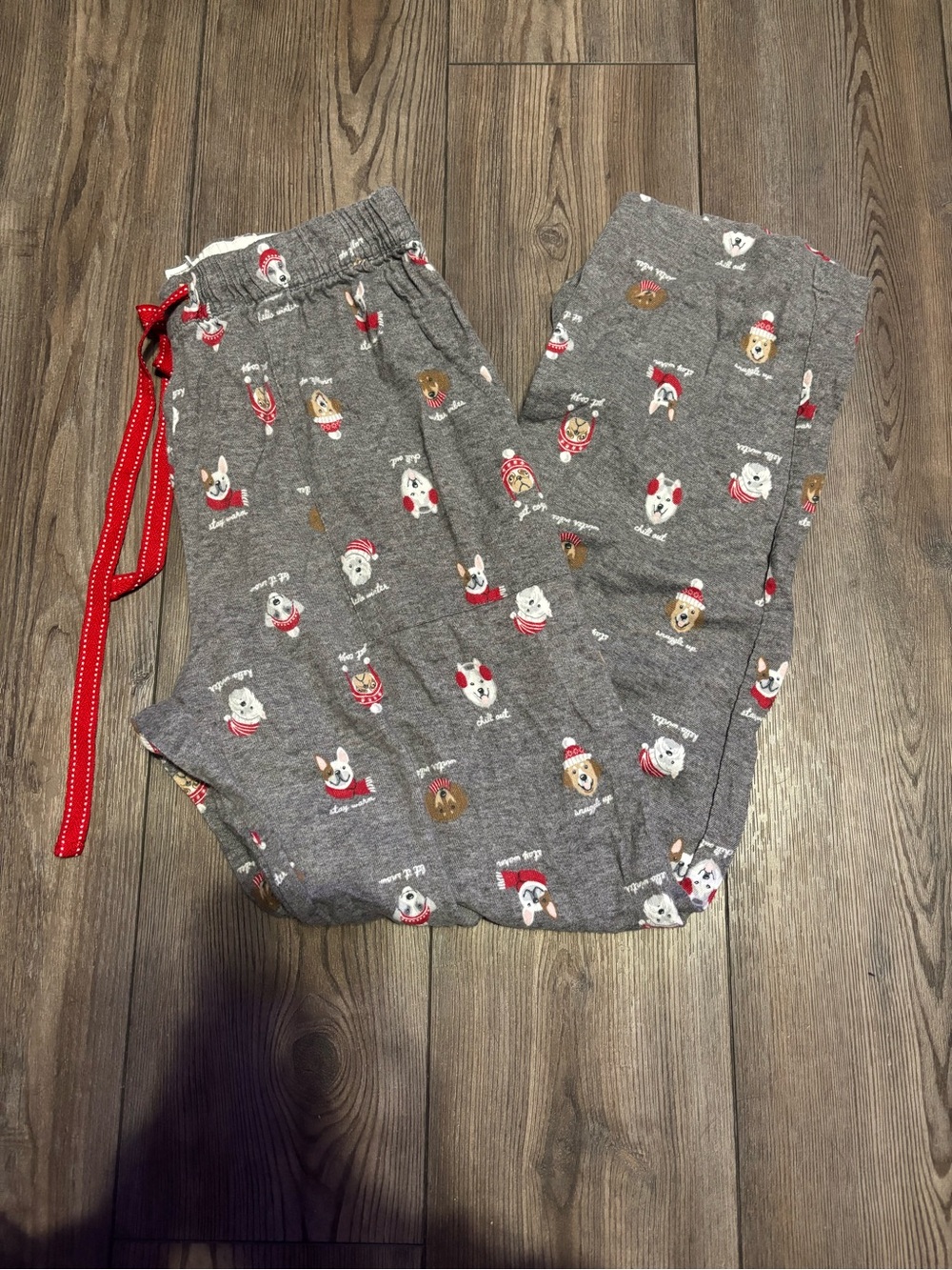 Women’s Gray Holiday Dog Print Pajama Pants with Red Drawstring